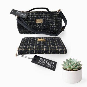 NWT Badgley Mischka Black Tweed Crossbody Purse & Zip Wallet Set